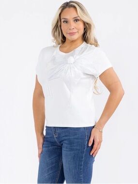 ✨🌸🤍NWT La Diosa “Flower🌸Detail w/Beaded Fringe✨ Shortsleeve Top” White🤍 Sz XXL
